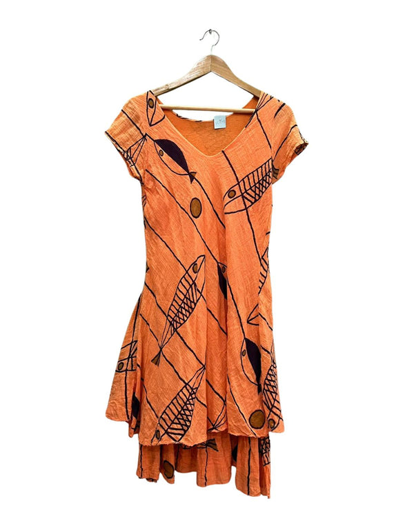 Orange Fish Print Layered Mini Dress