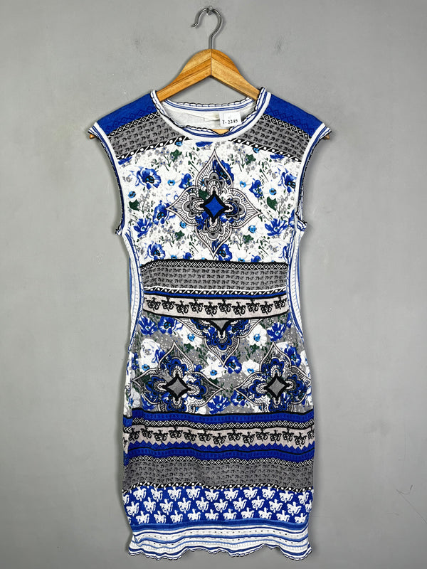 BLUE & WHITE GEOMETRIC PRINT MINI DRESS - Thrifty Threads