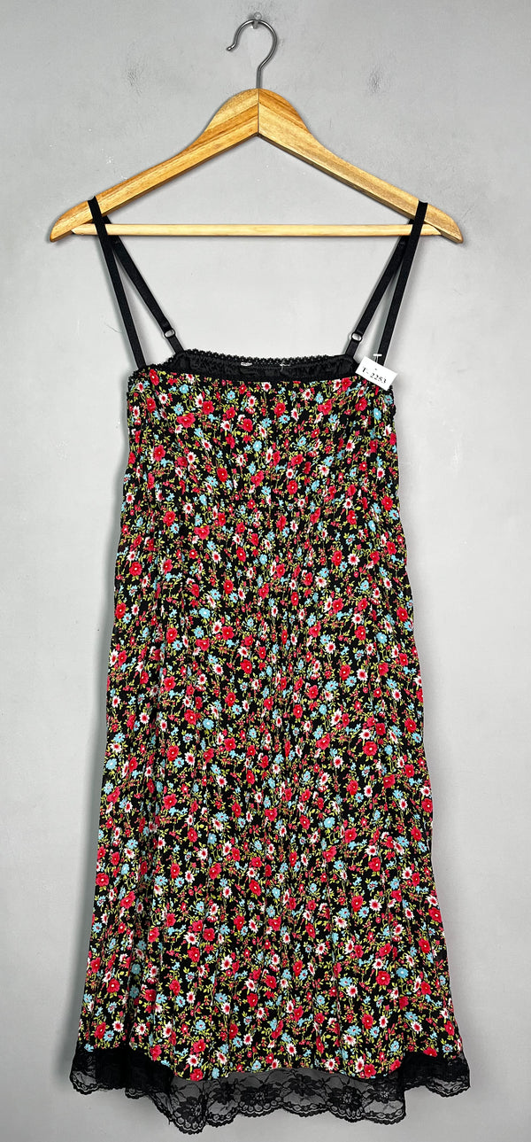 BLACK FLORAL LACE TRIM MIDI SLIP DRESS - Thrifty Threads