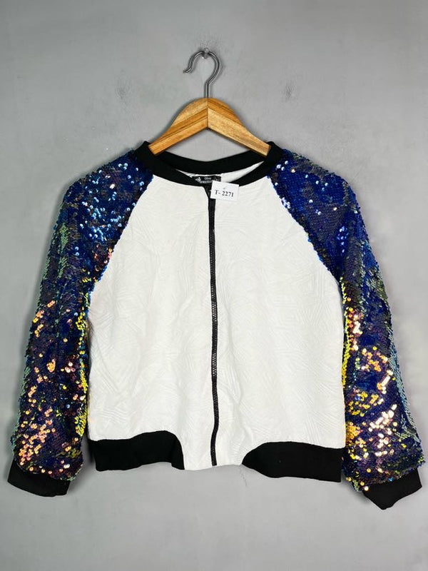 SEQUIN-SLEEVE ZIP-UP BOMBER JACKET - Thrifty Threads