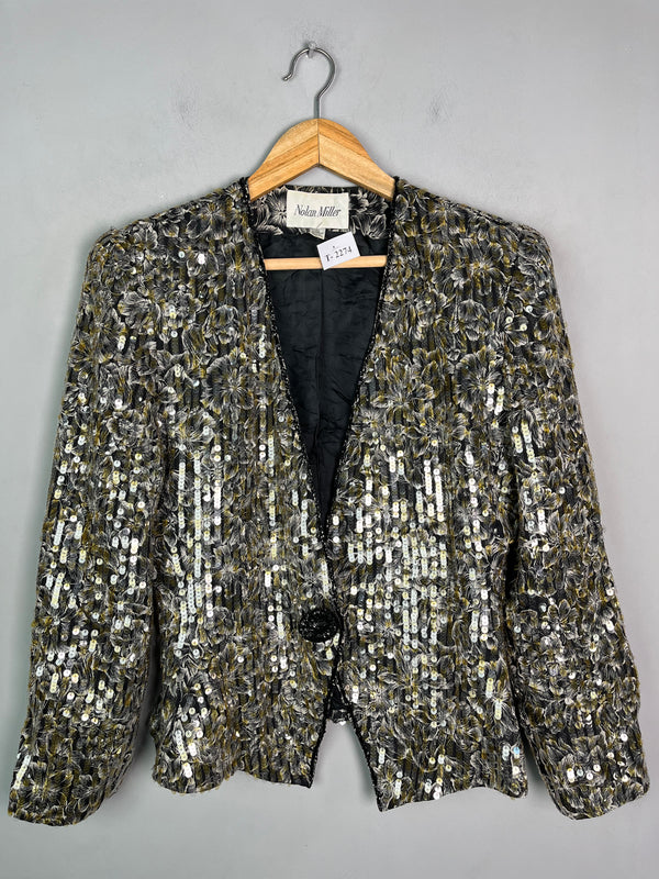 VINTAGE BLACK & GREEN FLORAL SEQUINS BLAZER - Thrifty Threads
