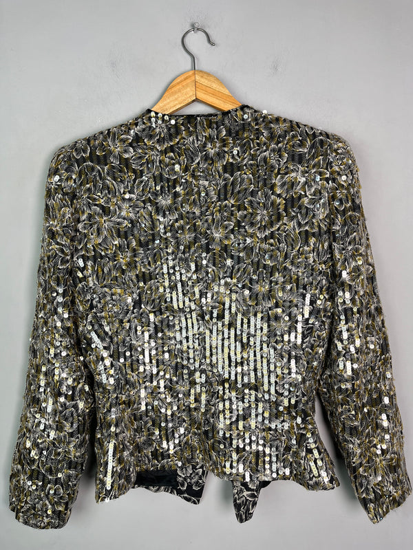 VINTAGE BLACK & GREEN FLORAL SEQUINS BLAZER - Thrifty Threads