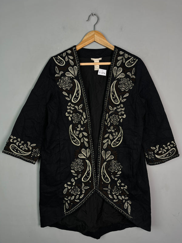 BLACK BEADED EMBROIDERY KIMONO DENIM JACKET - Thrifty Threads