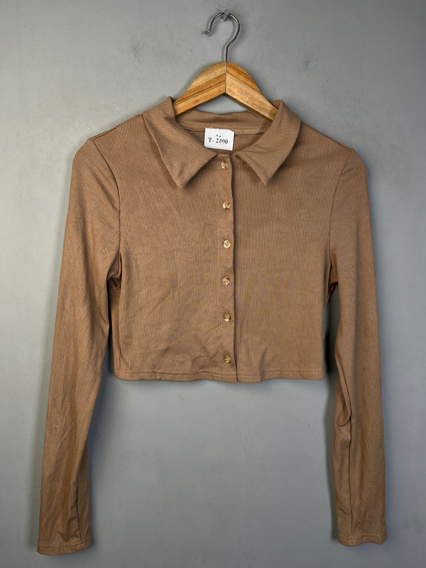 BROWN COLLARED BUTTON-DOWN CROP TOP - Thrifty Threads