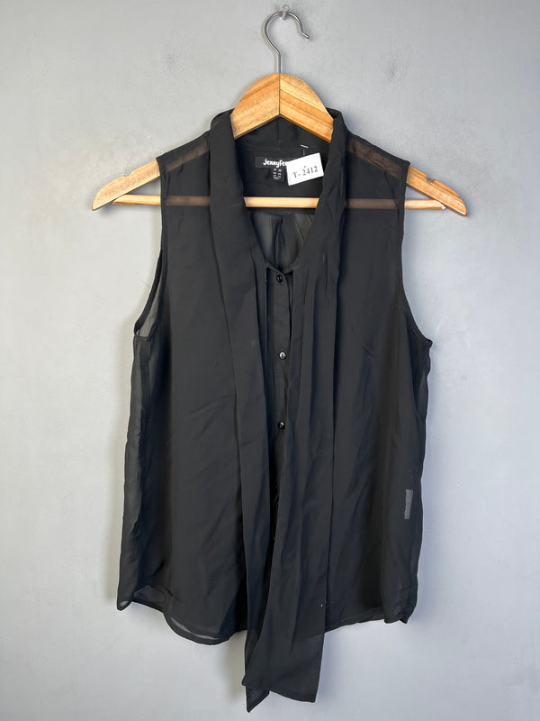 BLACK MESH SLEEVELESS BUTTON-DOWN SHIRT - Thrifty Threads
