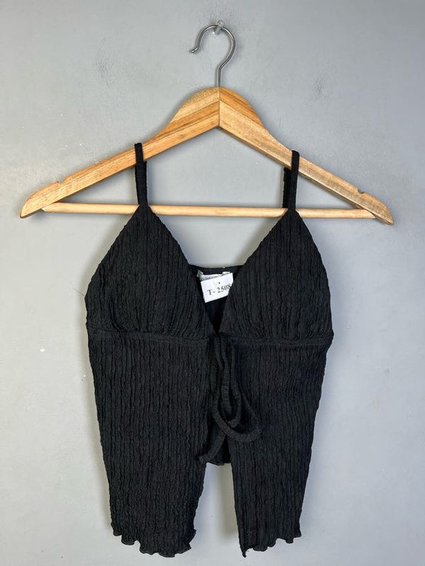 BLACK TEXTURED TIE FRONT TOP - Thrifty Threads