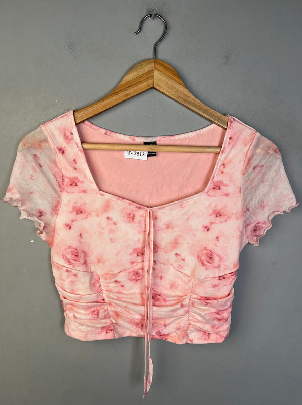 PINK FLORAL MESH CROP TOP - Thrifty Threads