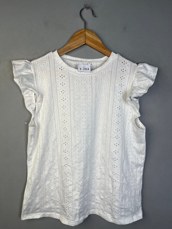 WHITE EYELET RUFFLE SLEEVE TOP - Thrifty Threads