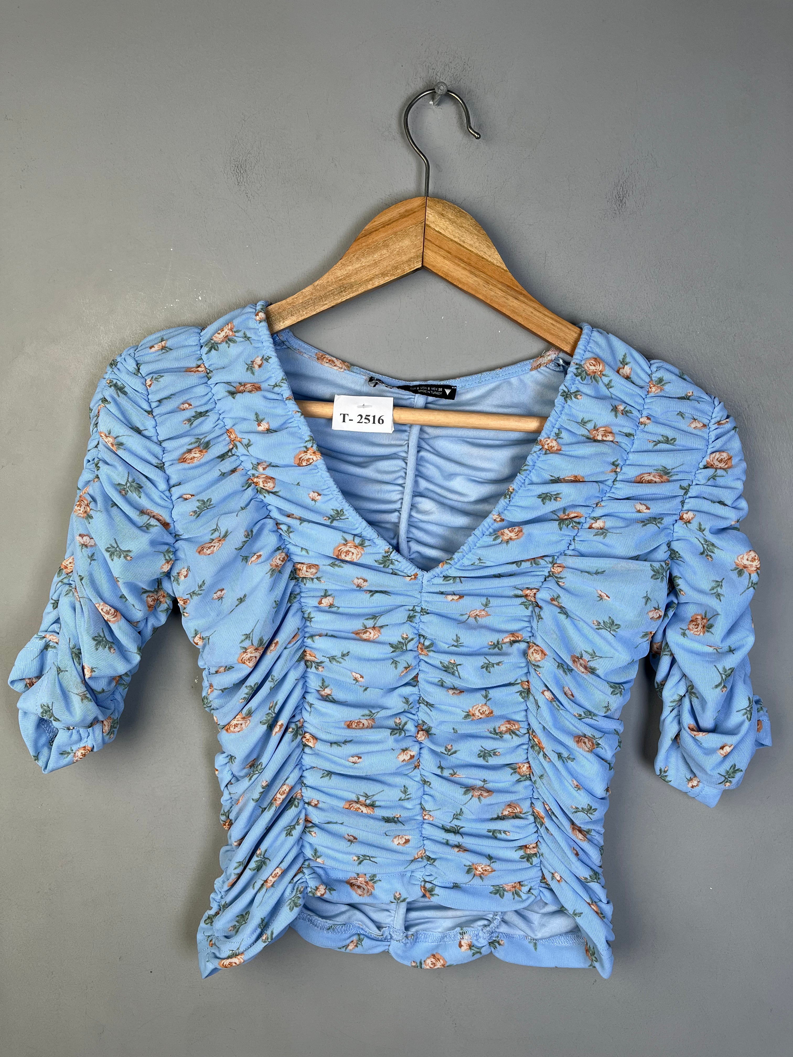 BLUE FLORAL RUCHED CROP TOP - Thrifty Threads