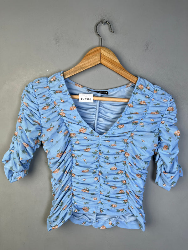 BLUE FLORAL RUCHED CROP TOP - Thrifty Threads