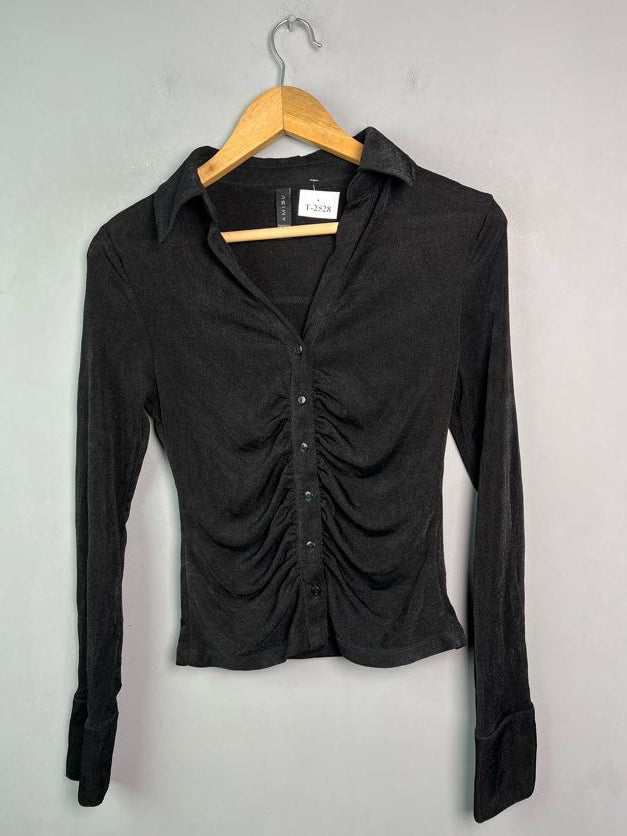 BLACK RUCHED BUTTON-DOWN SHIRT - Thrifty Threads