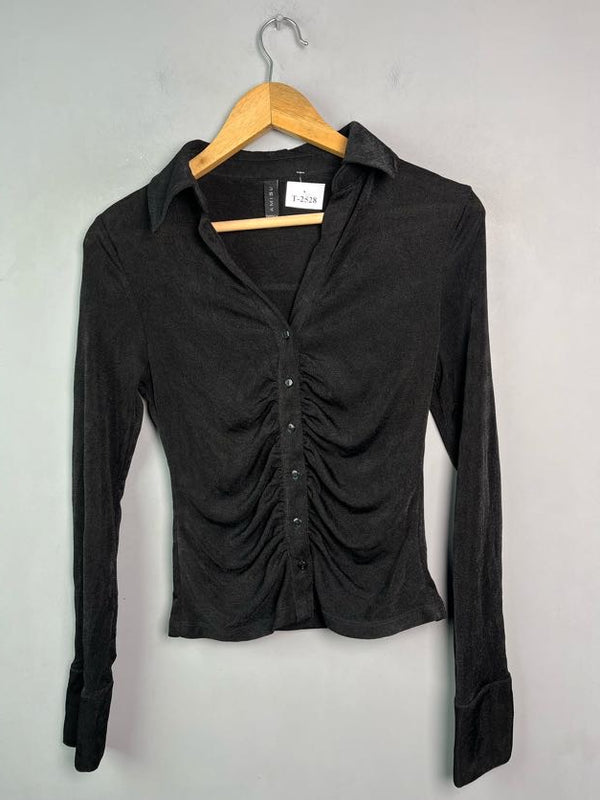 BLACK RUCHED BUTTON-DOWN SHIRT - Thrifty Threads