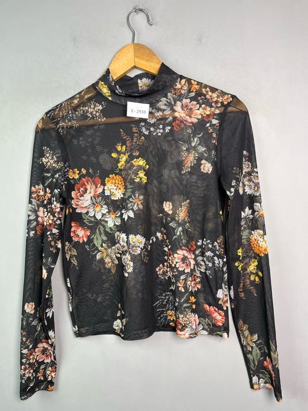 BLACK FLORAL PRINT MESH TOP - Thrifty Threads