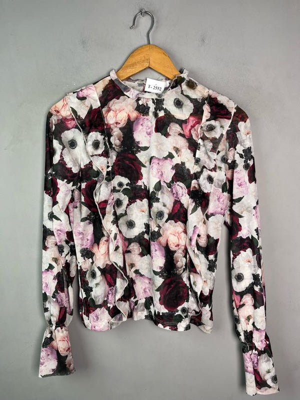 FLORAL PRINT MESH RUFFLE TOP - Thrifty Threads