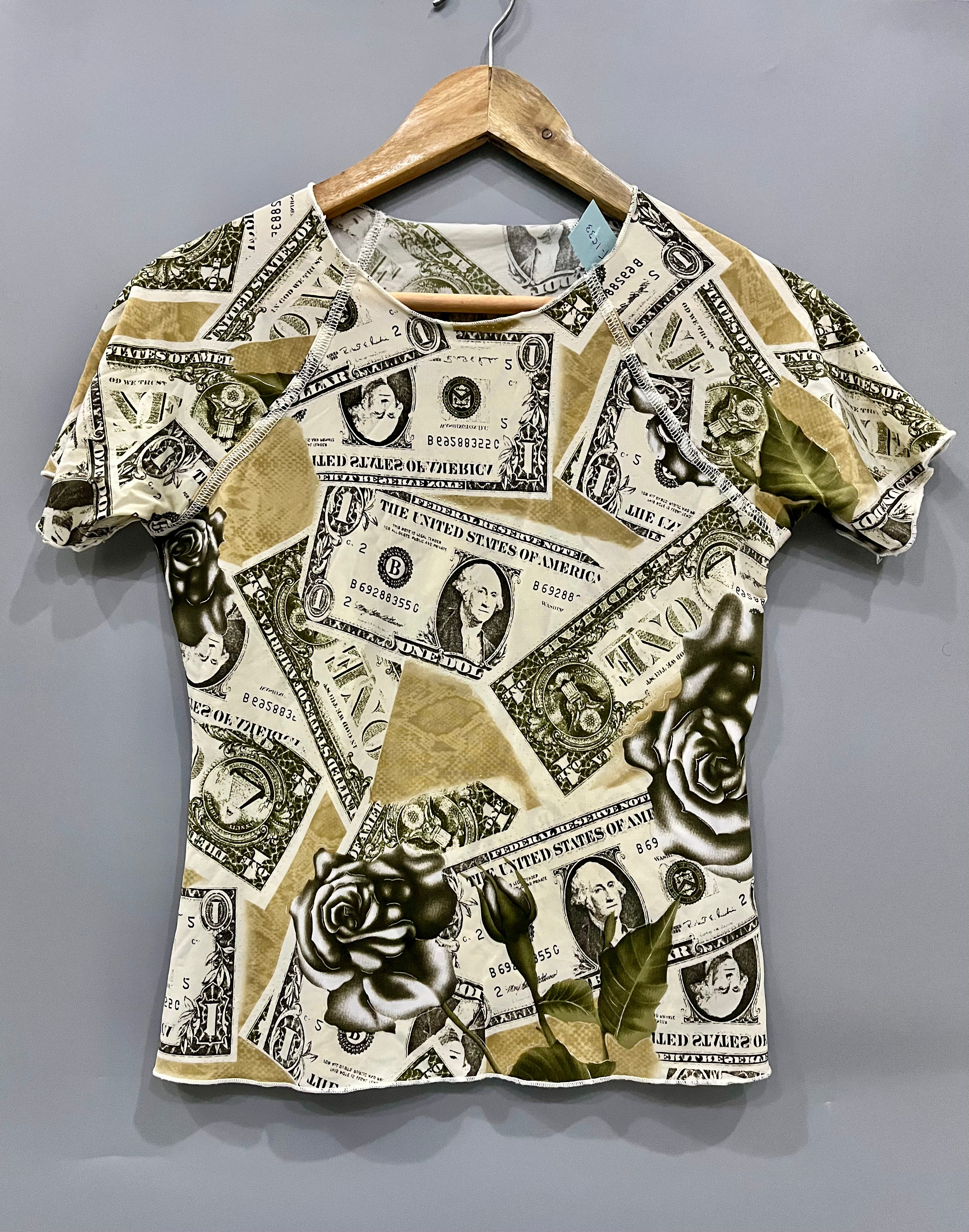 Dollar Bill & Roses Print T-Shirt