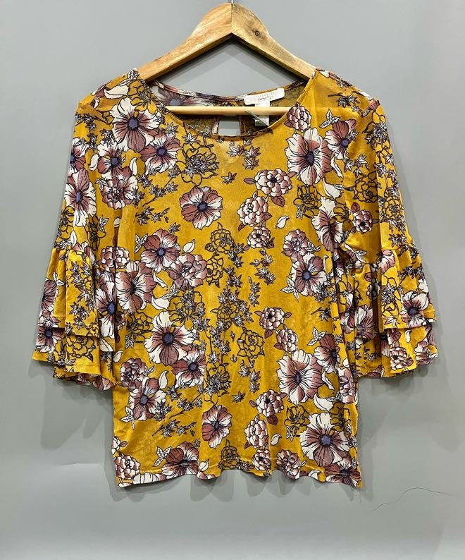 Yellow Floral Print Bell-Sleeve Top