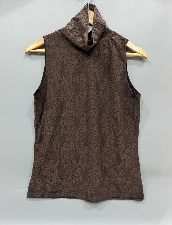 Brown Floral Textured Turtleneck Top