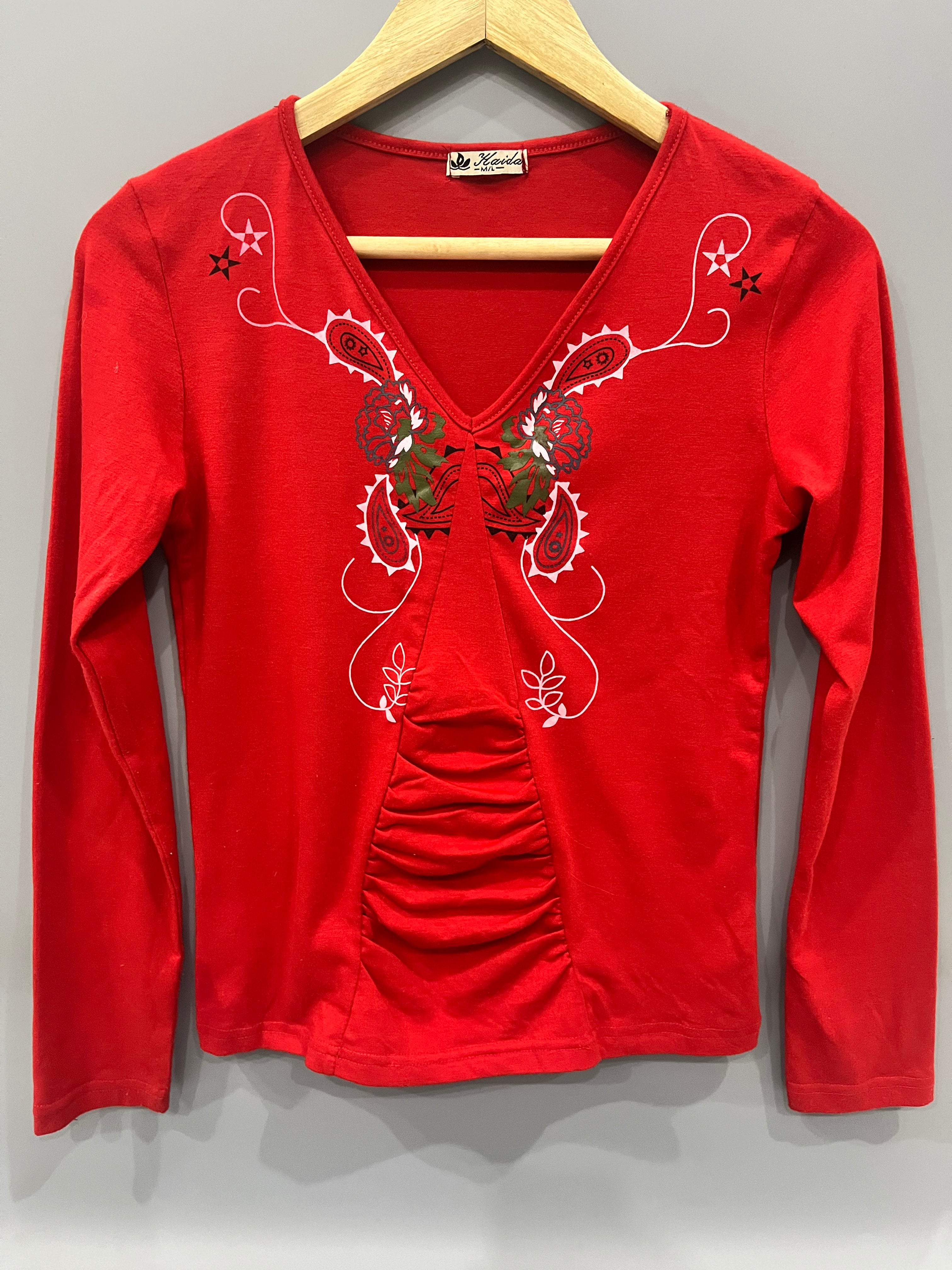 Red V-Neck Long Sleeve Ruched Top