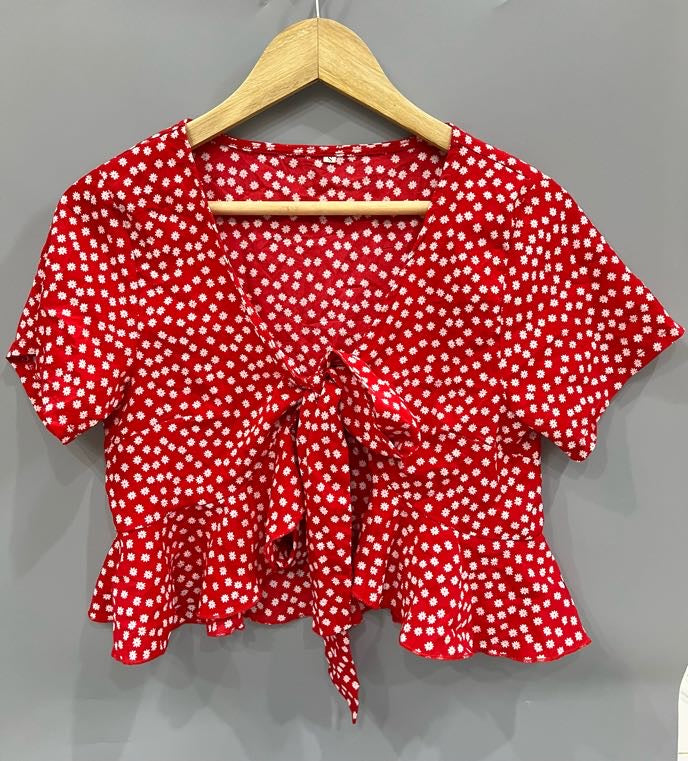 Red Floral Print Tie-Front Crop Top