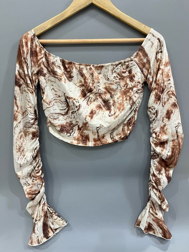 Shein Brown Swirl Print Ruched Off-Shoulder Crop Top