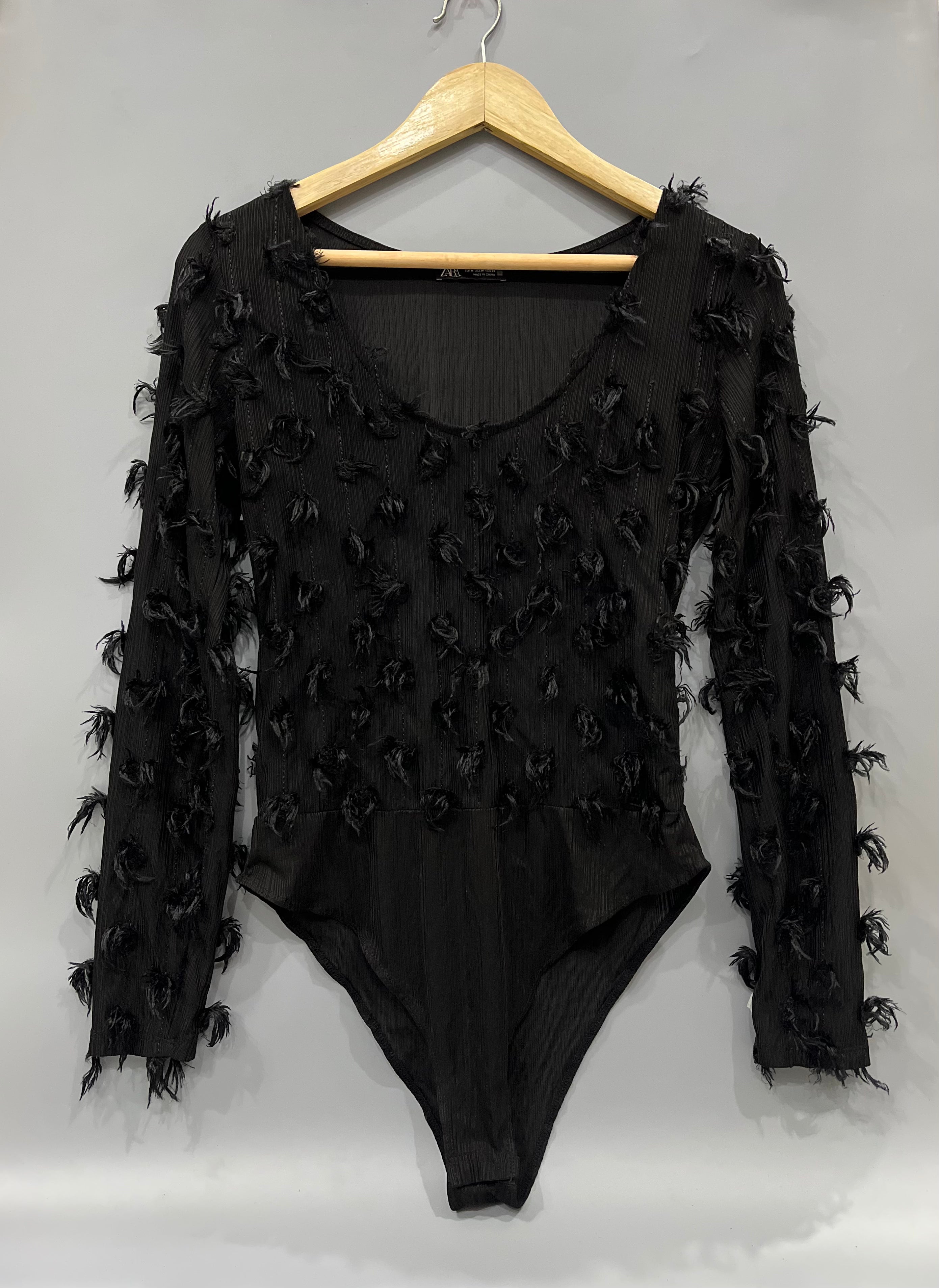 ZARA BLACK FAUX FUR DETAILING BODY SUIT
