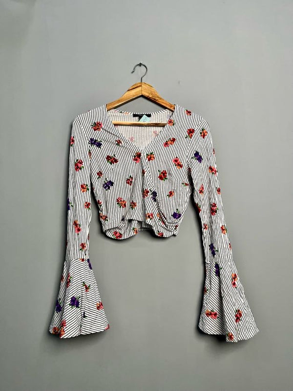 "FLORAL & STRIPES" PRINTED BELL SLEEVE TOP - Thrifty Threads