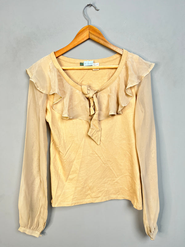 BEIGE RUFFLE TIE-NECK TOP