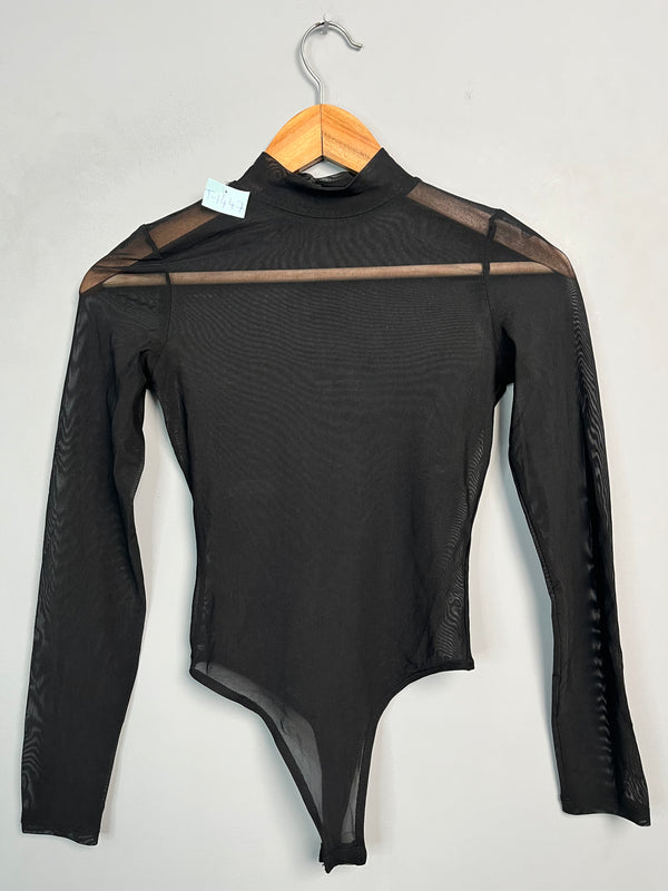 BLACK MESH MOCK NECK BODYSUIT