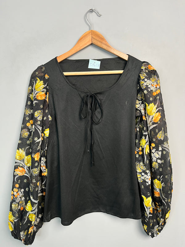 BLACK TIE-NECK MESH SLEEVE TOP