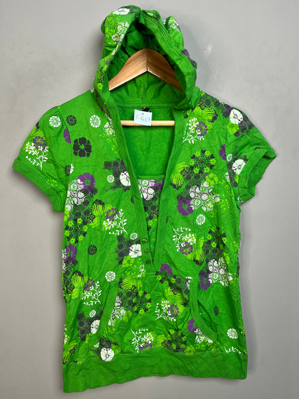 GREEN FLORAL PRINT SHORT SLEEVE HOODIE