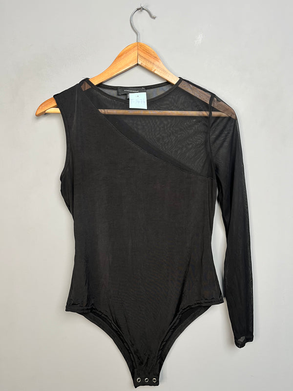 BLACK MESH ONE-SHOULDER BODYSUIT