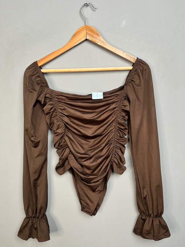 BROWN LONG SLEEVE RUCHED BODYSUIT