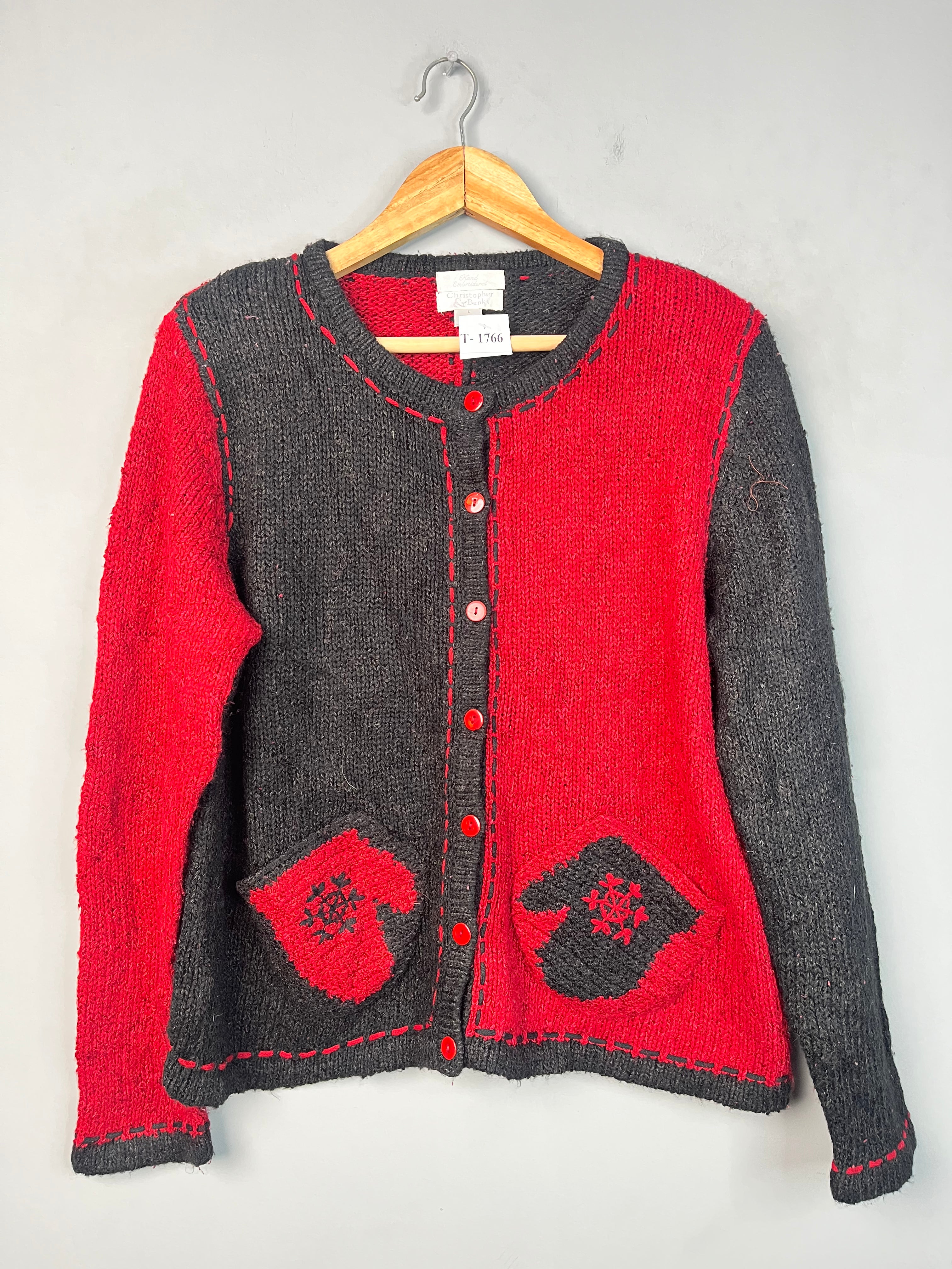 RED & BLACK BUTTON-DOWN SWEATER - Thrifty Threads