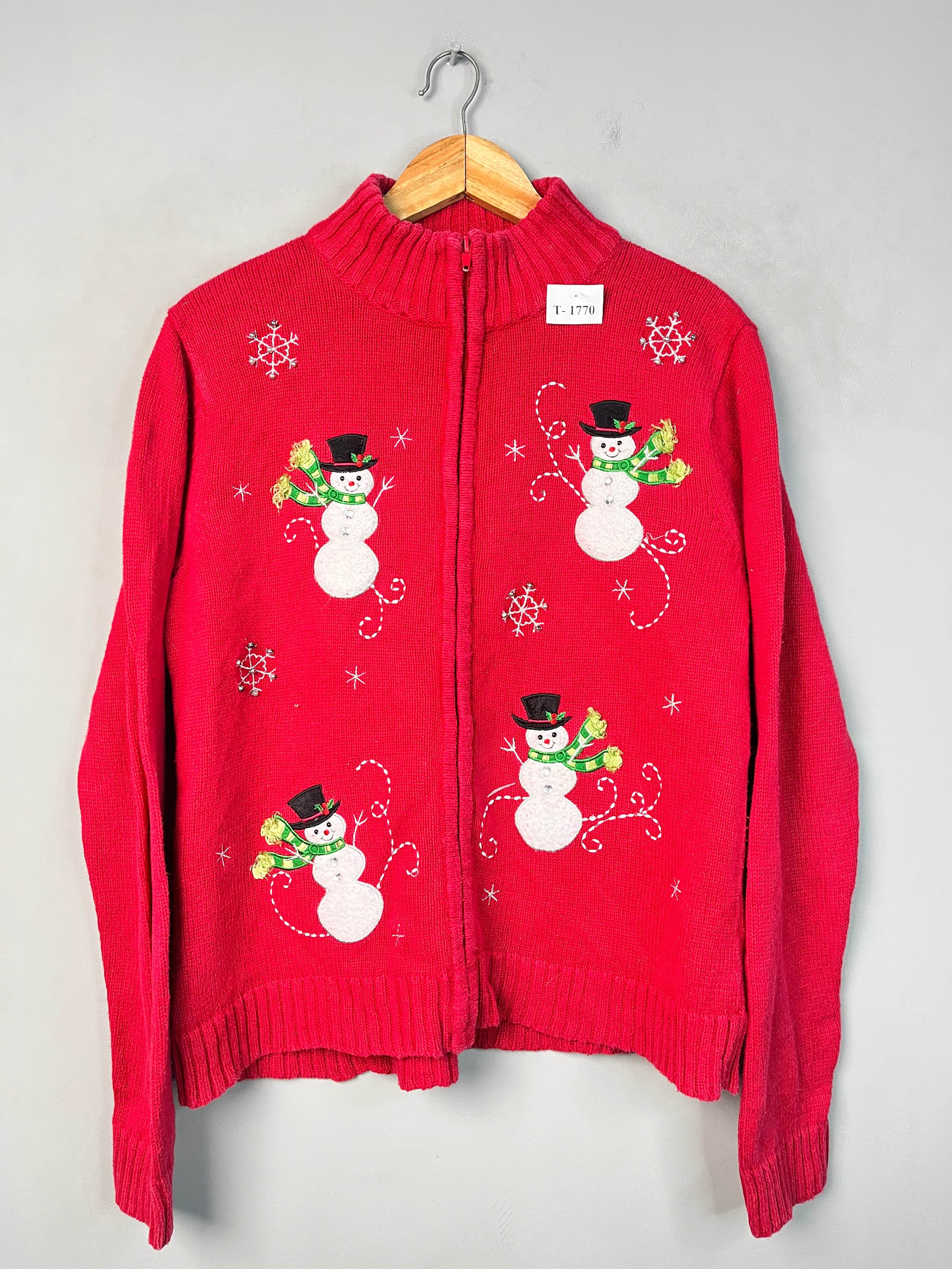 RED CHIRSTMAS SNOWMAN ZIP-UP SWEATER - Thrifty Threads