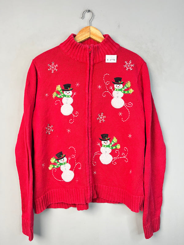 RED CHIRSTMAS SNOWMAN ZIP-UP SWEATER - Thrifty Threads