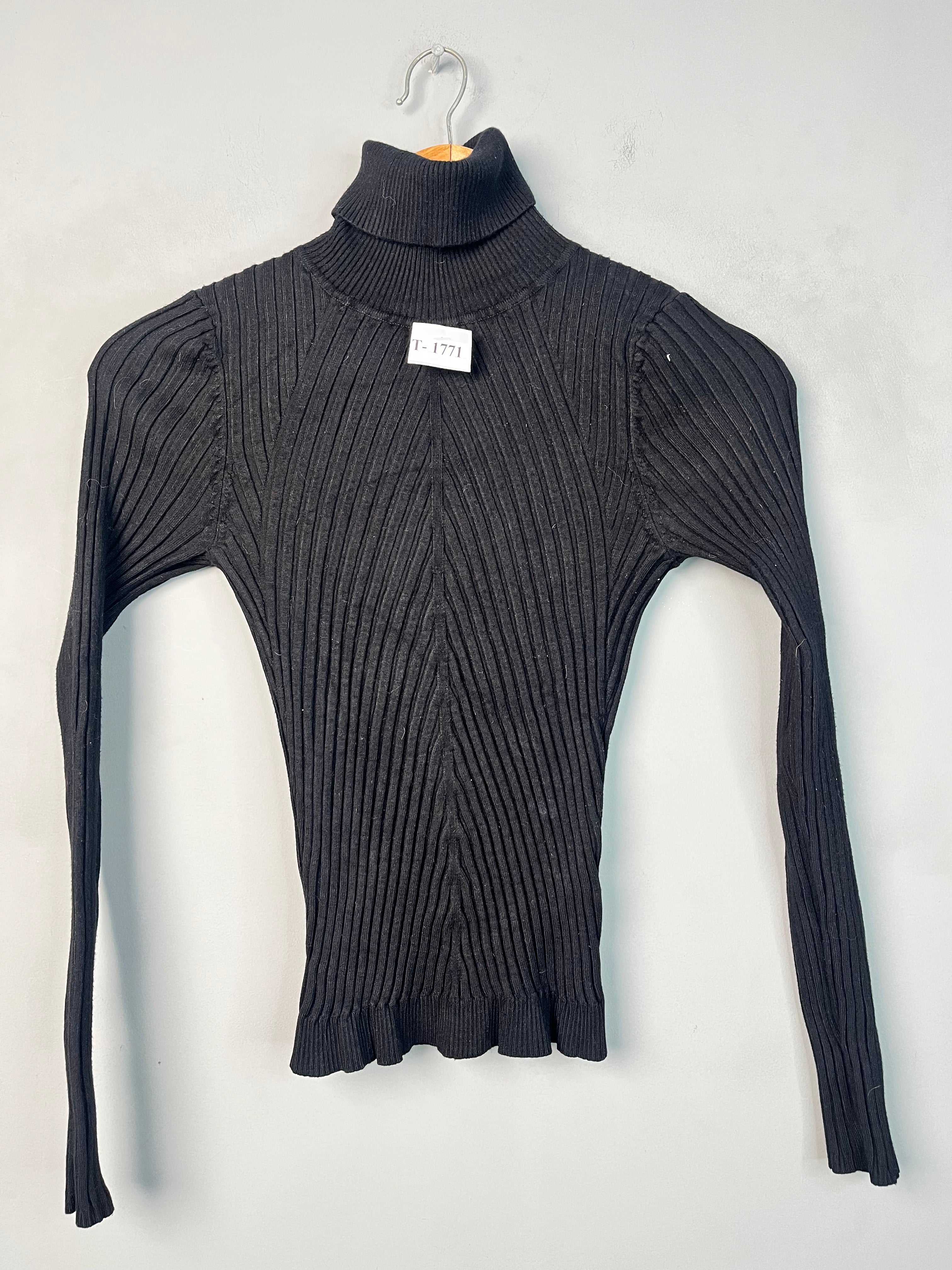 BLACK RIBBED HIGH-NECK SWEATER - Thrifty Threads