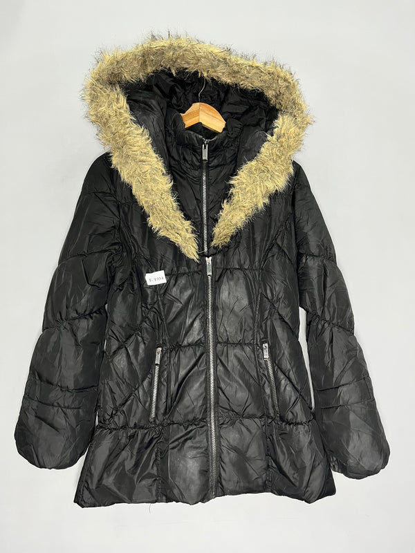 BLACK FUR HOODED PUFFER JACKET - Thrifty Threads