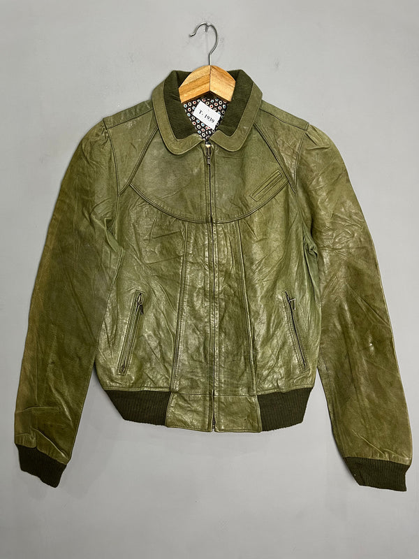 GREEN TWO-TONE LEATHER BOMBER JACKET - Thrifty Threads