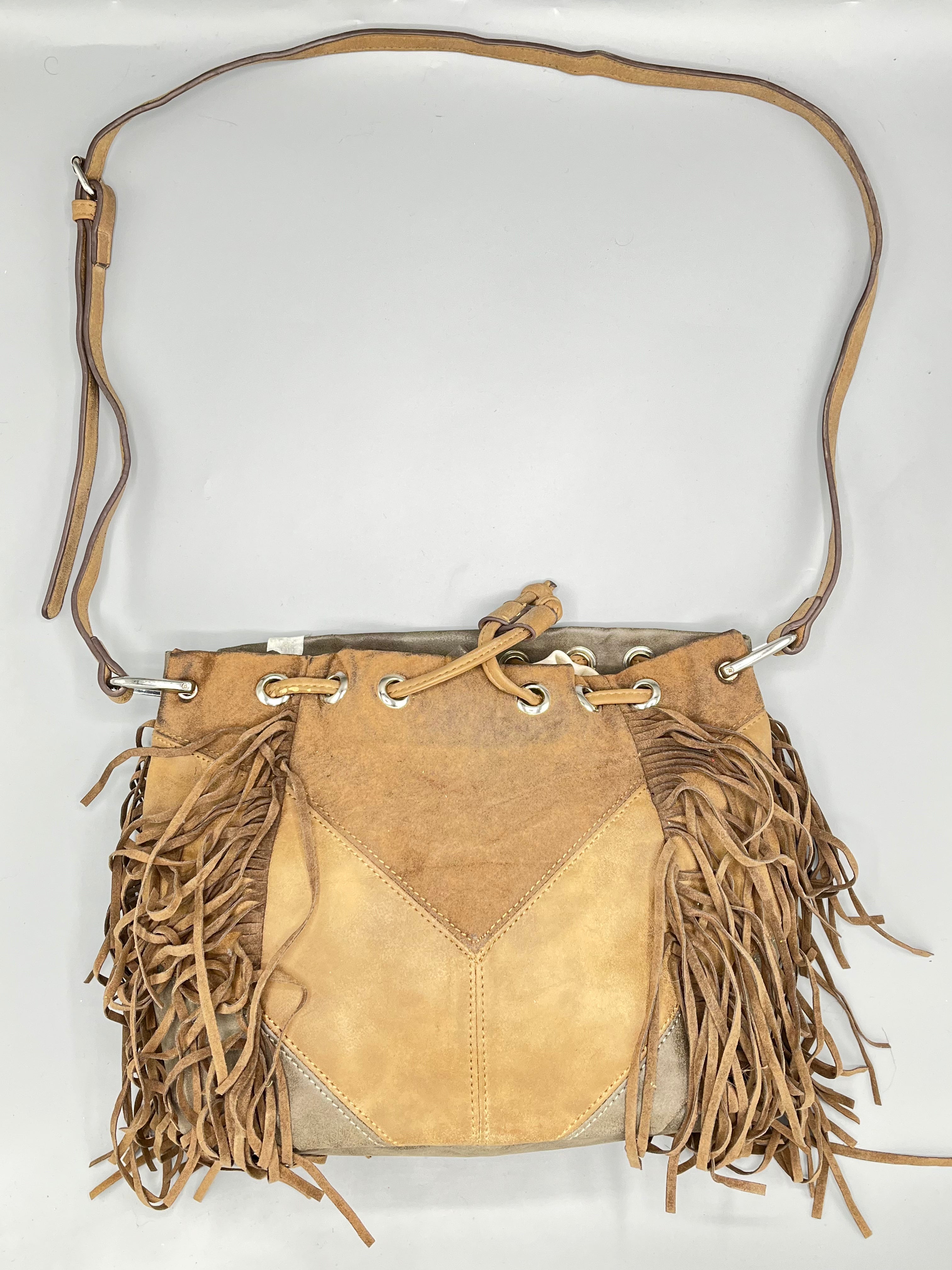 SUEDE FRINGE DRAWSTRING BAG - Thrifty Threads