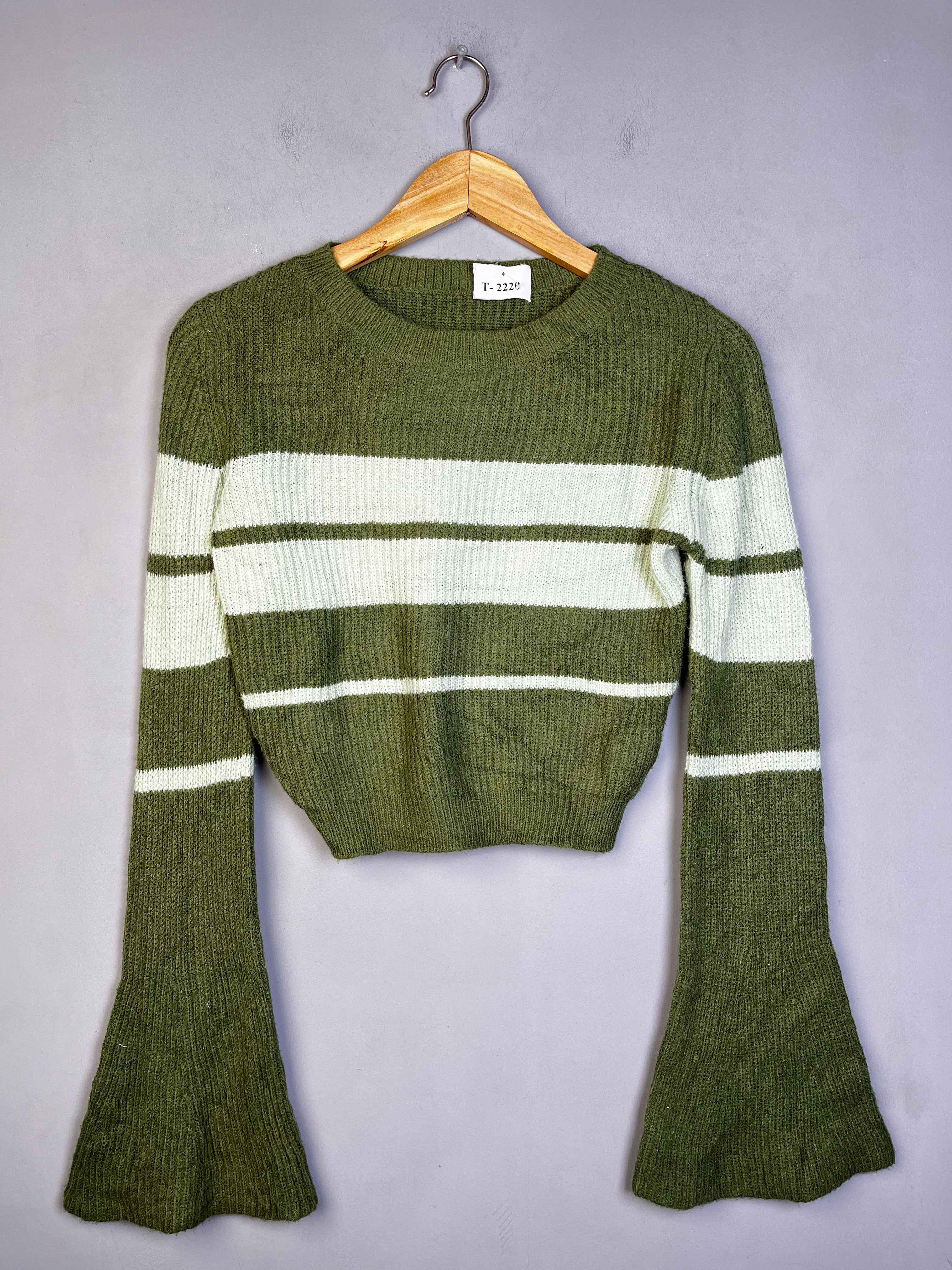 OLIVE GREEN STRIPED BELL SLEEVE CROP SWEATER - Thrifty Threads