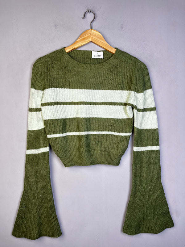 OLIVE GREEN STRIPED BELL SLEEVE CROP SWEATER - Thrifty Threads