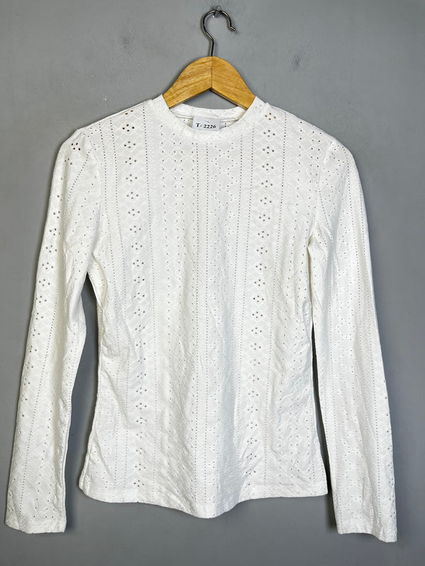 WHITE EYELET LONG SLEEVE T-SHIRT - Thrifty Threads