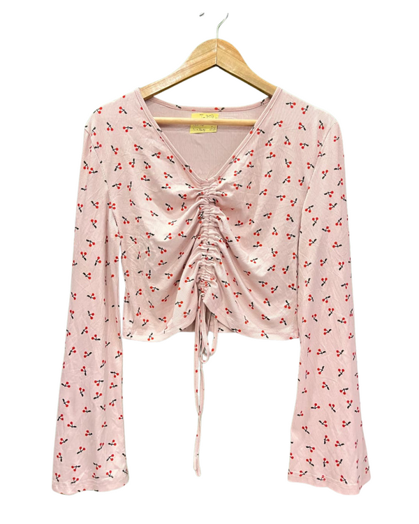 SHEIN PINK CHERRY PRINT CROPPED TOP