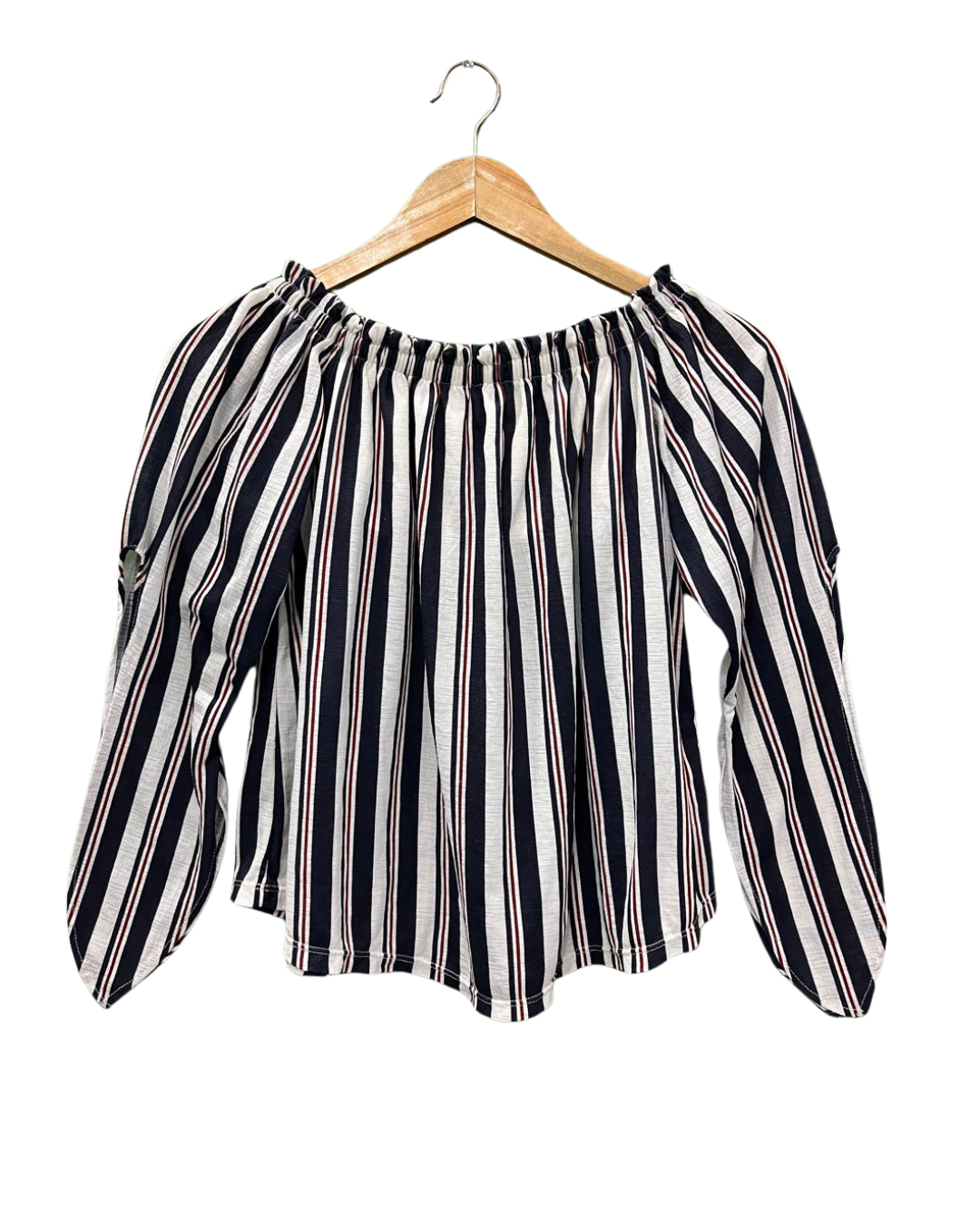 BERSHKA BLACK AND WHITE STRIPES OFF-SHOULDER TOP