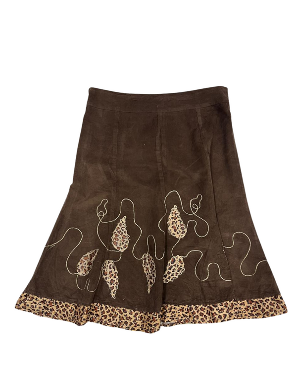 BROWN CORDUROY SKIRT WITH LEOPARD PATTERN PATCHWORK