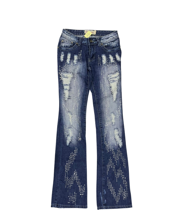 DENIM BLUE EMBELLISHED & RIPPED JEANS