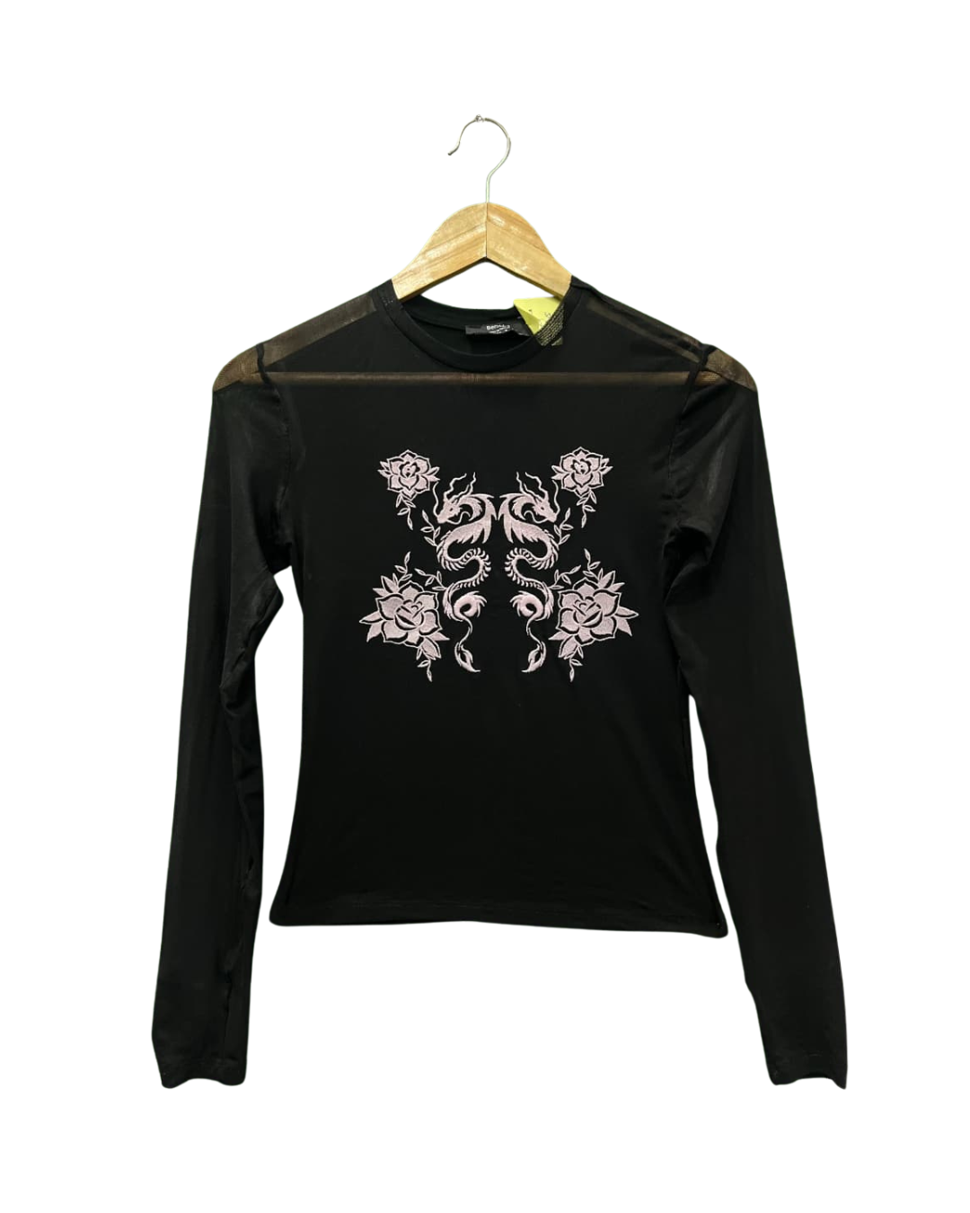 BERSHKA BLACK MESH DRAGON LONG SLEEVES TOP