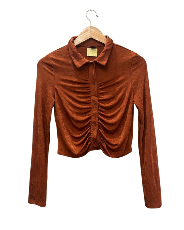 SHEIN BROWN COLLARED BUTTON-DOWN RUCHED TOP