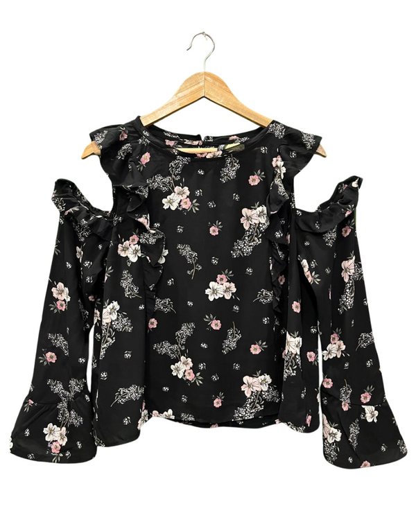 H&M BLACK FLORAL COLD SHOULDER TOP