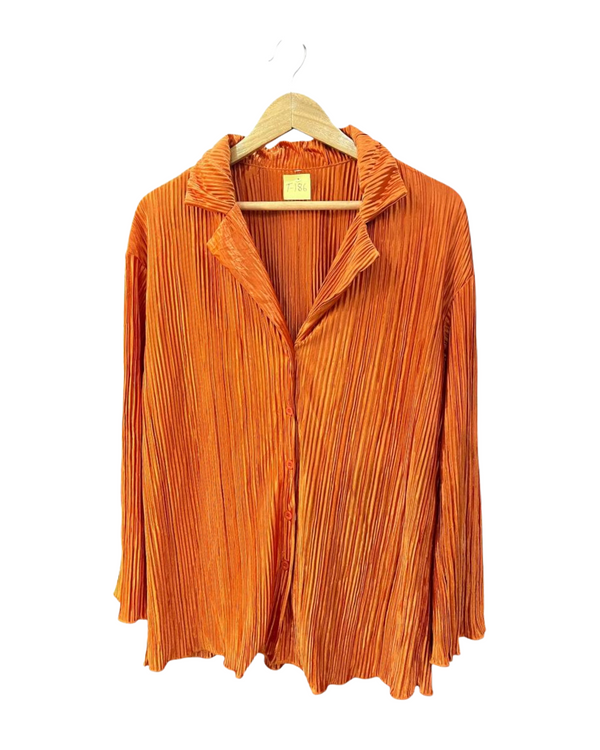 Orange Pleated Button-Down Shirt